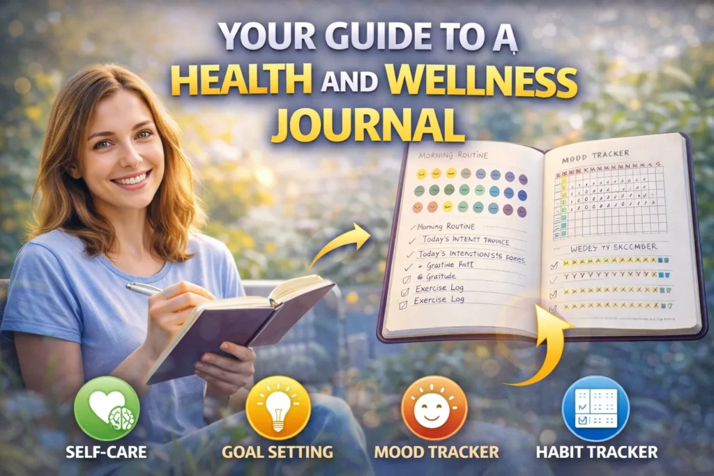 Health and wellness journal guide with notebook, pen, healthy habits icons, fitness, nutrition, and mindfulness tracking elements.