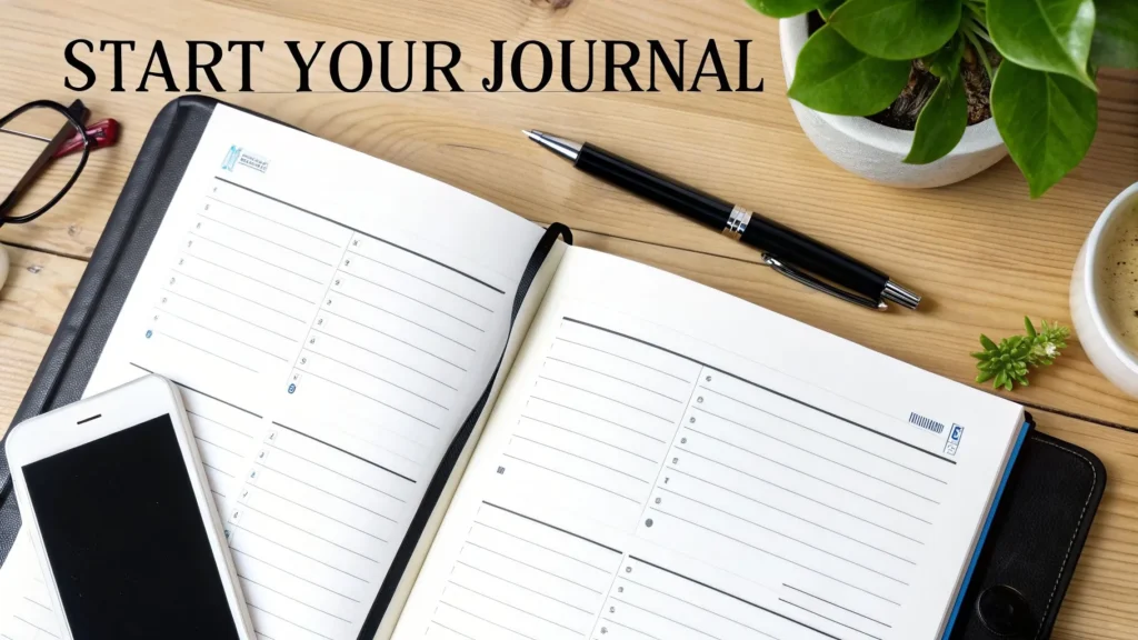 Open planner on desk with pen, phone, plant and coffee, text “Start Your Journal” displayed