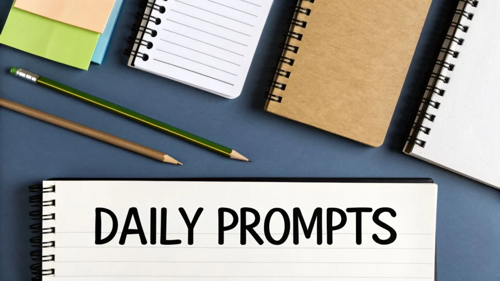 Notebooks, pencils, and sticky notes on desk with “Daily Prompts” text on open lined journal