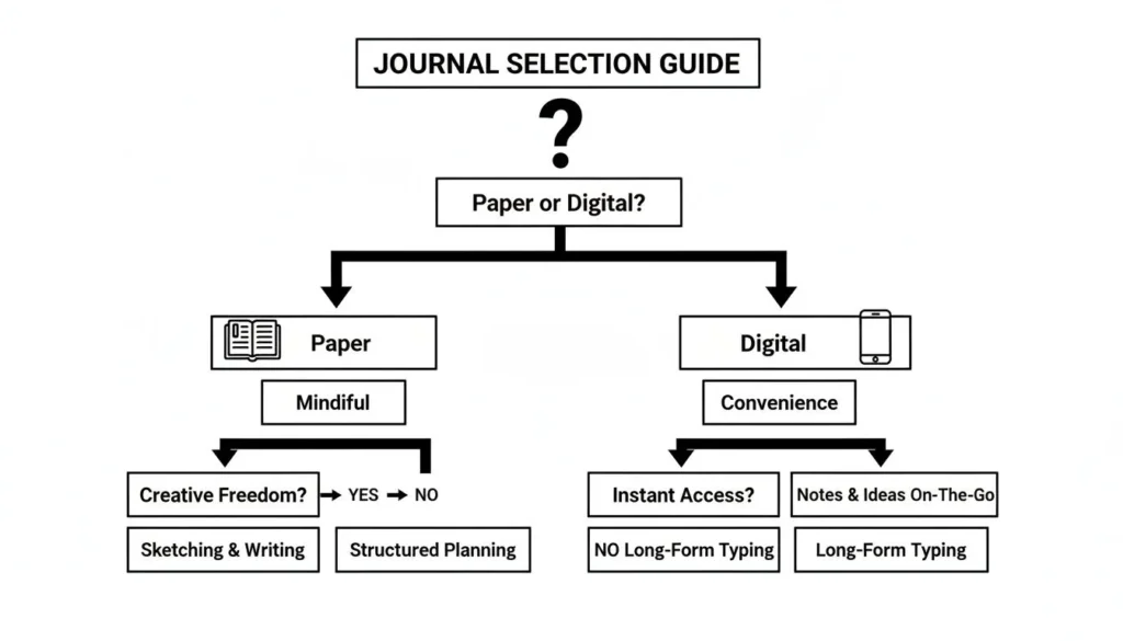 Journal selection flowchart comparing paper vs digital, highlighting mindfulness, convenience, creativity, and typing preferences