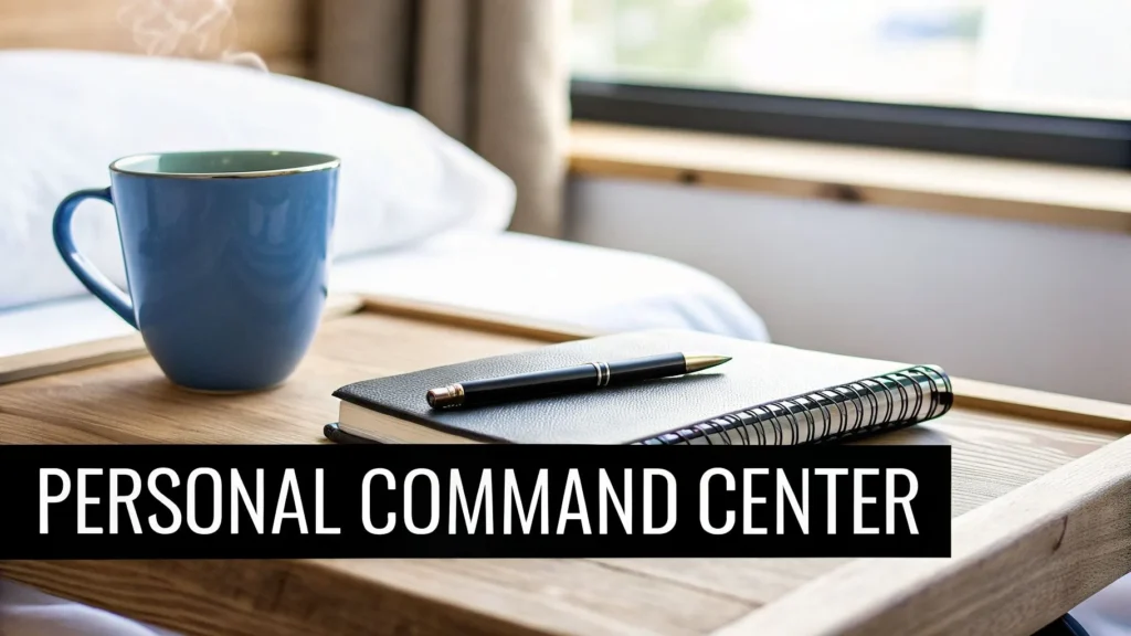 Notebook and pen on wooden tray with steaming mug by bed, text “Personal Command Center” visible
