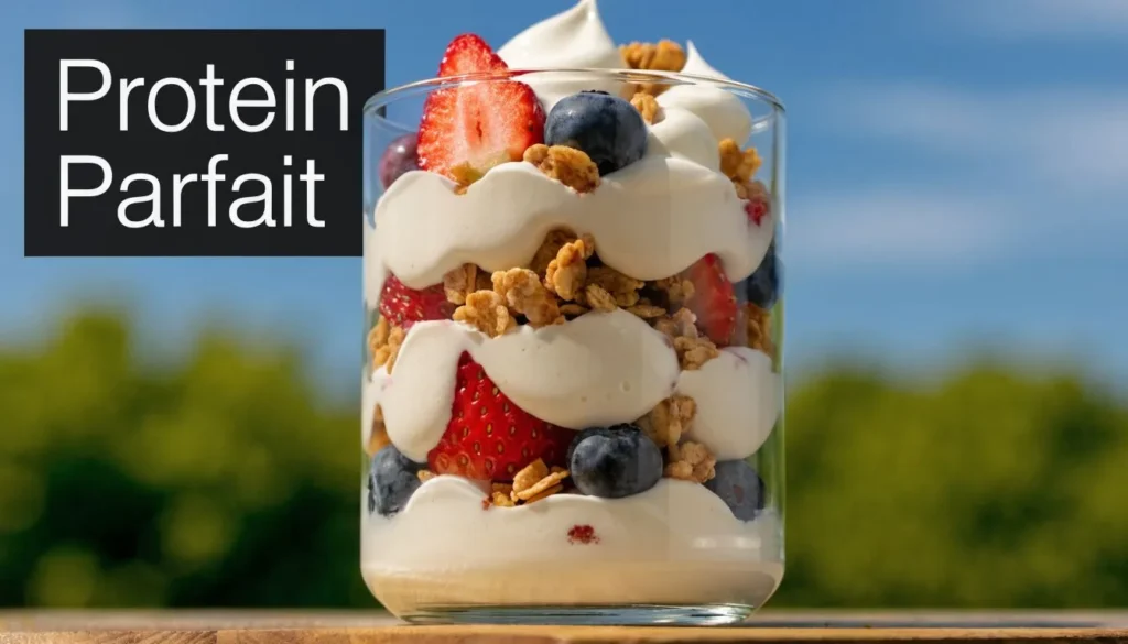 Protein parfait with yogurt, strawberries, blueberries, and granola layered in a glass cup outdoors.
