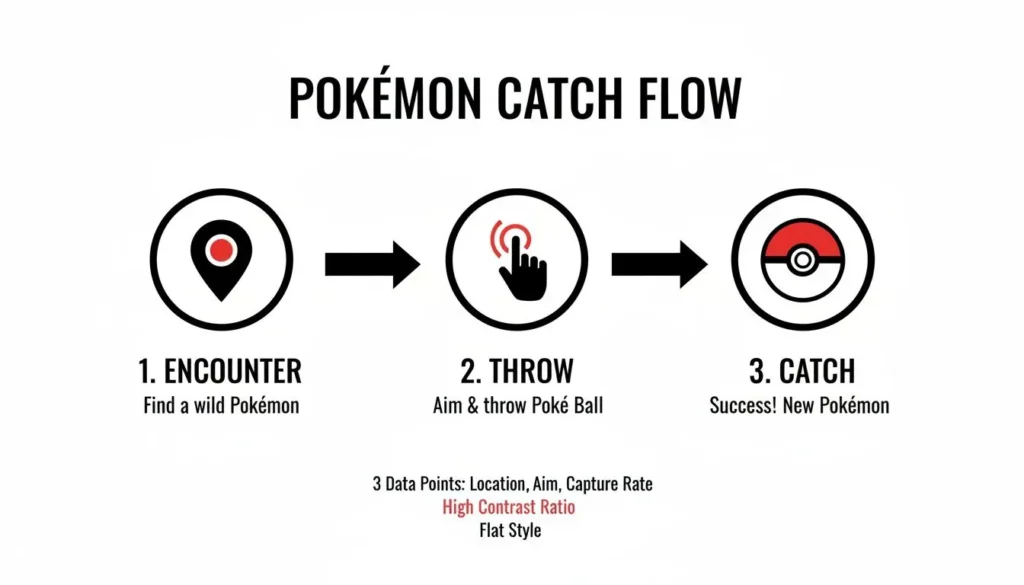 How Do You Catch a Pokemon in Go A Complete 2026 Guide Infographic showing Pokémon catch flow: encounter, throw Poké Ball, and catch, with icons and brief steps on a clean background.