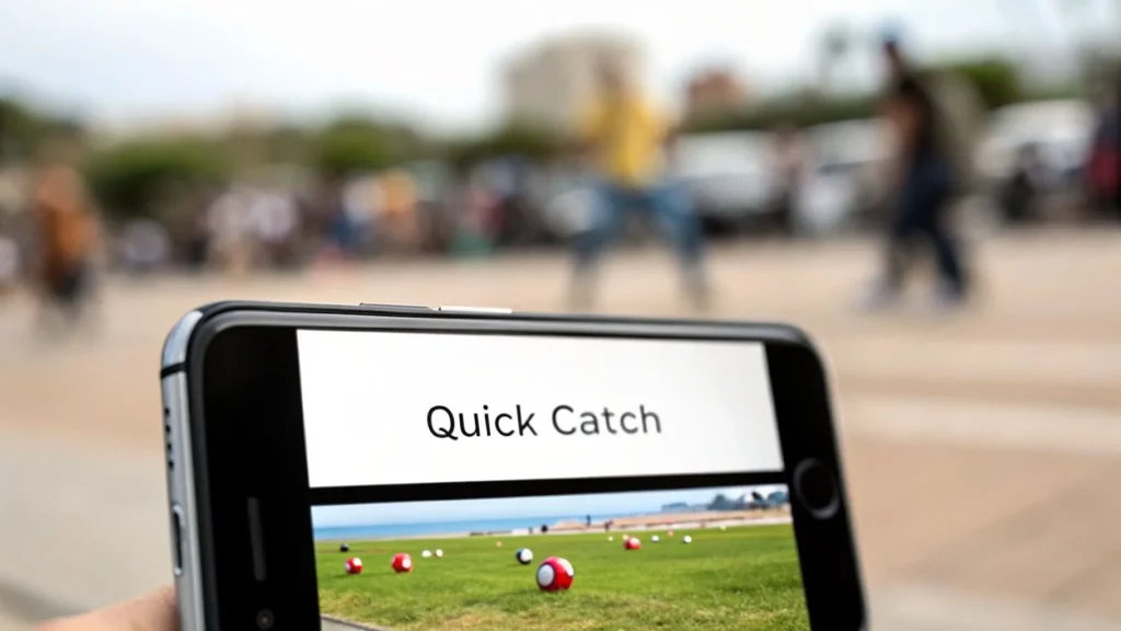 How Do You Catch a Pokemon in Go A Complete 2026 Guide Smartphone displaying “Quick Catch” over AR scene with Poké Balls on grass, people blurred in background outdoors.