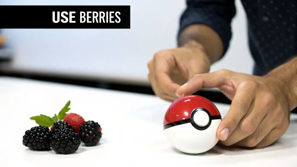 How Do You Catch a Pokemon in Go A Complete 2026 Guide Hands holding a Poké Ball beside fresh berries with text “Use Berries,” illustrating a Pokémon Go catching tip.