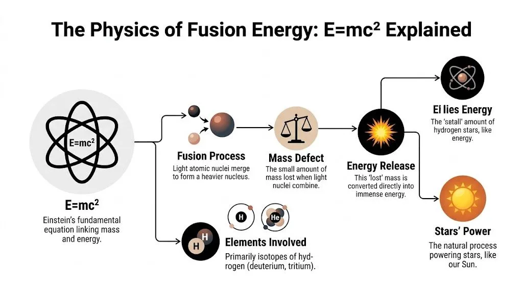Infographic explaining nuclear fusion, E=mc², mass defect, and energy release powering stars like the Sun.