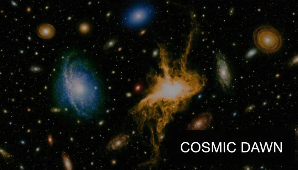 How Does the James Webb Telescope Work: Secrets Revealed Deep space image with colorful galaxies and nebulae beside the title “Cosmic Dawn.”