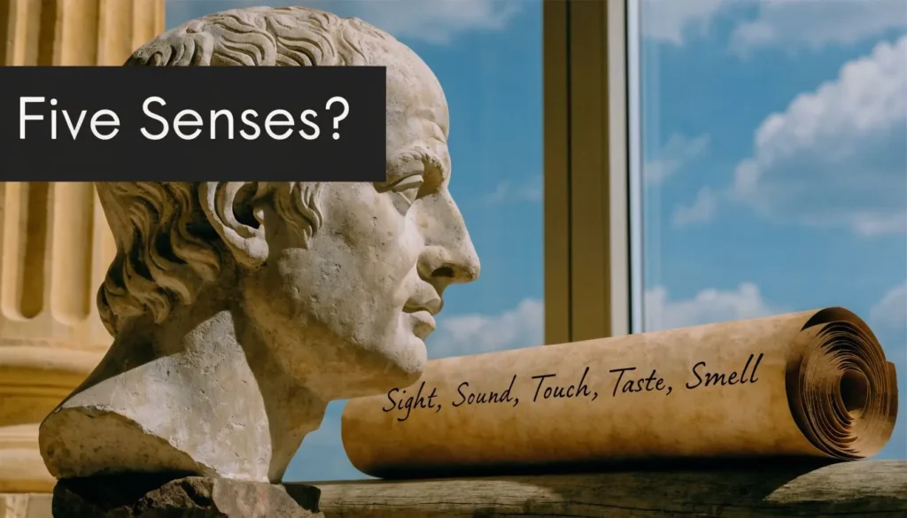 Ancient philosopher bust beside a scroll listing the five senses with text asking “Five Senses?”