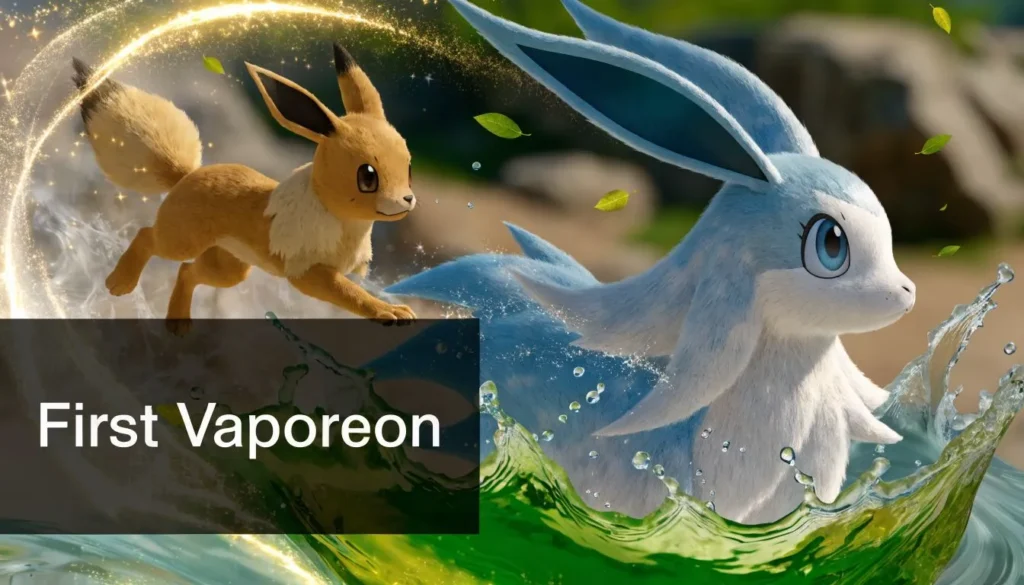 Eevee and a blue Eeveelution sprint through splashing water with magical spark effects in a fantasy scene.