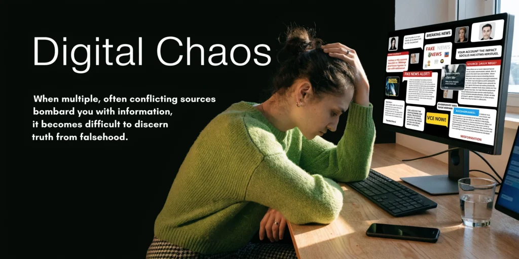 Stressed woman at a computer overwhelmed by conflicting online news beside “Digital Chaos” text.