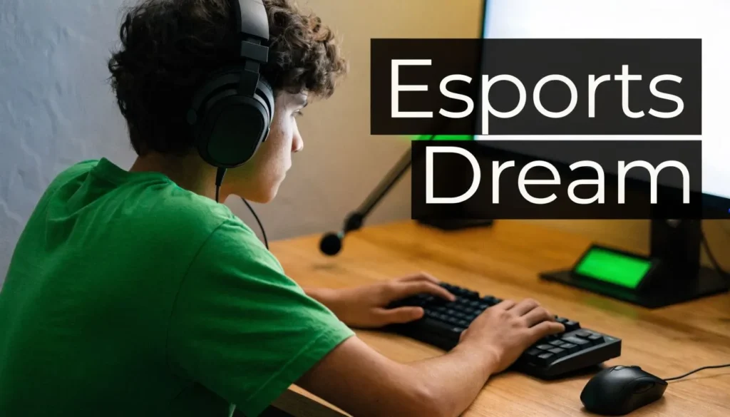 Teen gamer wearing headphones plays on a PC setup beside text reading “Esports Dream.”