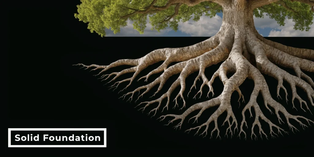 How to Grow Small Business: Your 2026 Playbook Tree with extensive exposed roots symbolizing stability and growth, labeled “Solid Foundation”