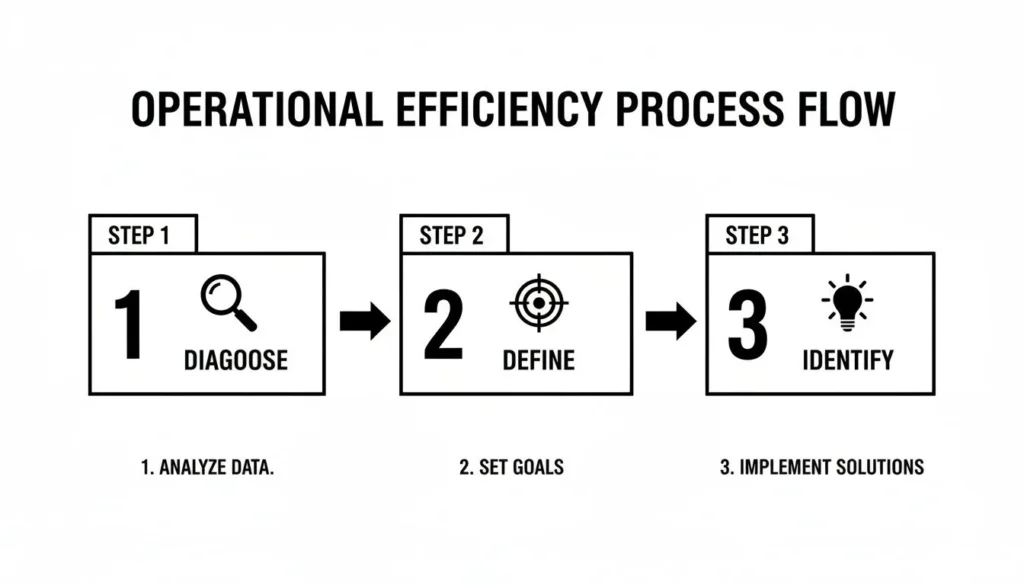 Operational efficiency process flow: diagnose, define, identify; analyze data, set goals, implement solutions