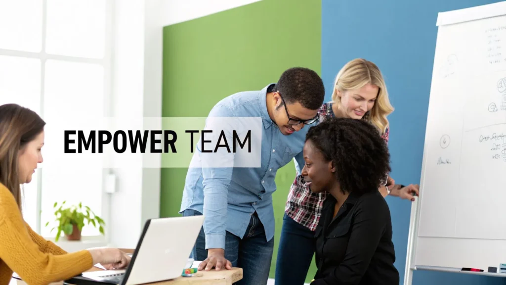 Team collaborating around laptop in office with whiteboard, text overlay “Empower Team”