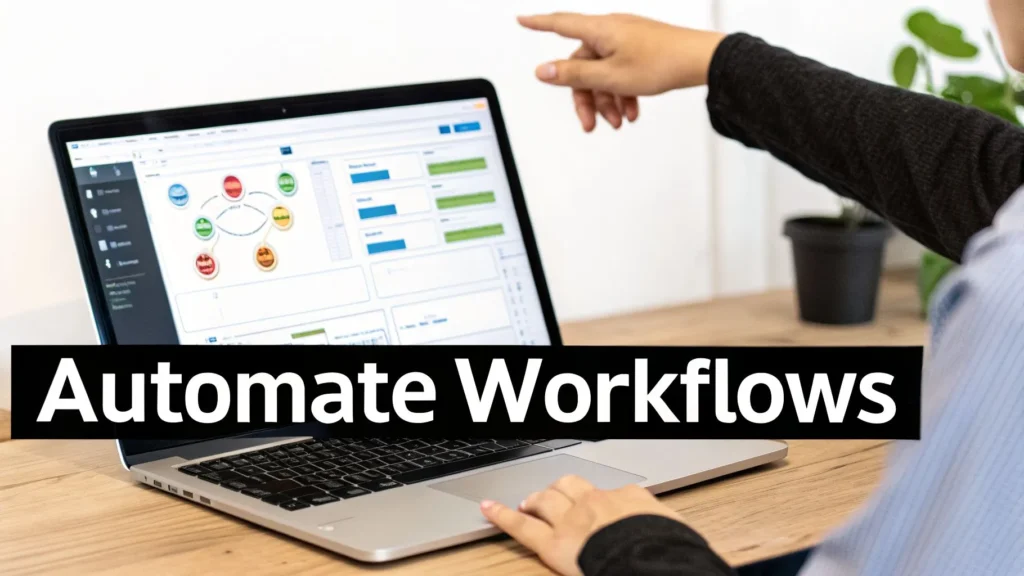 Person pointing at laptop dashboard with workflow diagrams, text overlay “Automate Workflows”