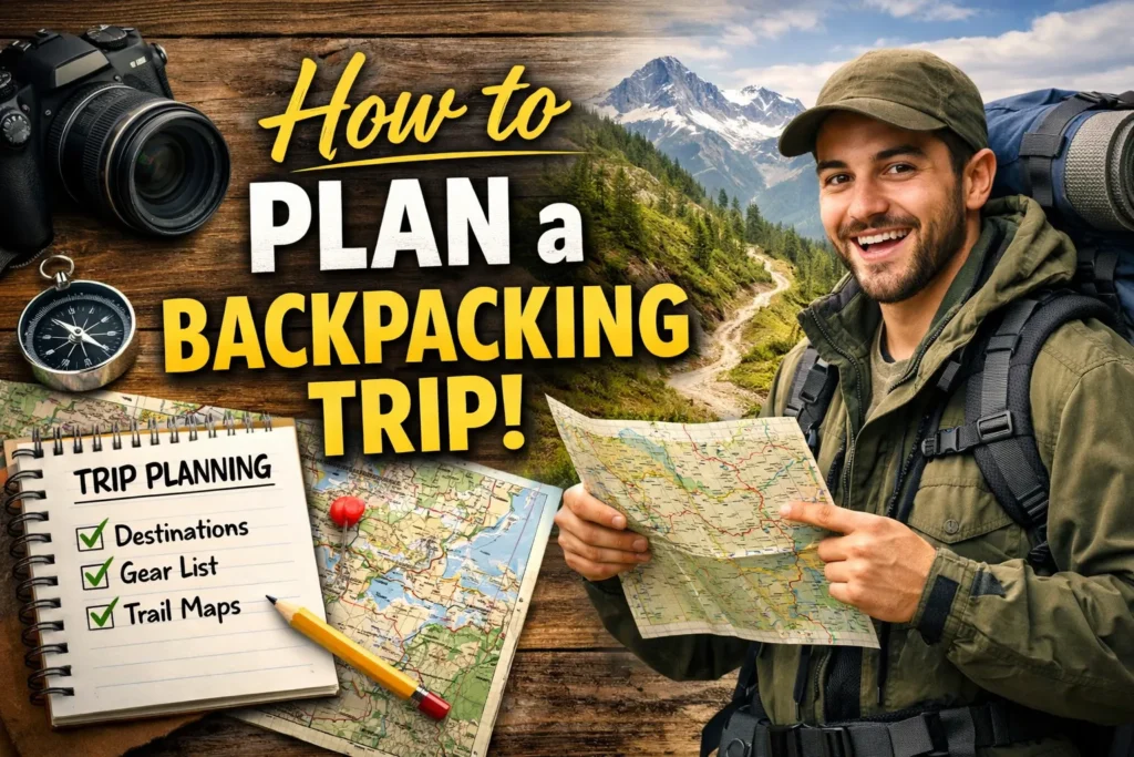 Smiling backpacker holding a map with hiking gear, checklist, and mountain trail background, illustrating trip planning tips.