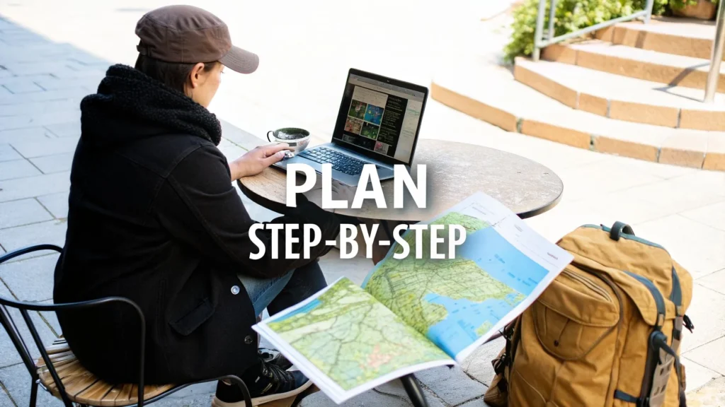 Traveler planning trip on laptop at café table with map and backpack, text “Plan Step-by-Step.”