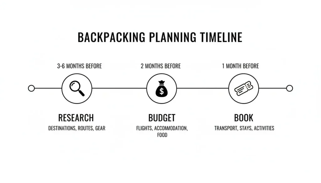 Backpacking planning timeline: research (3–6 months), budget (2 months), and book (1 month) before trip.