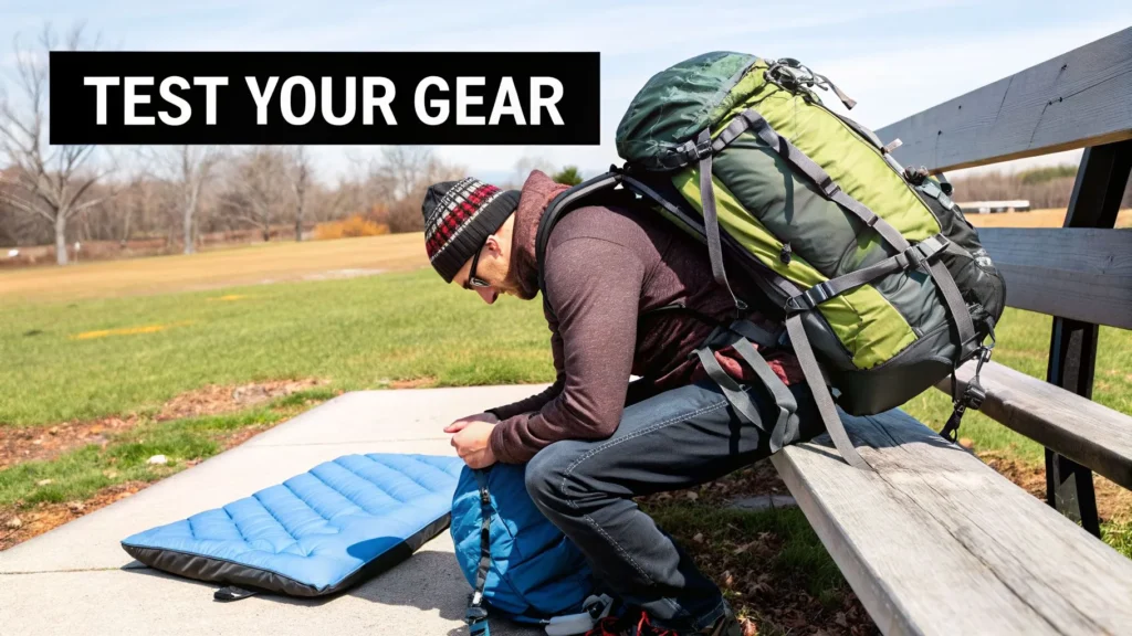 Backpacker testing gear on park bench with large pack and sleeping pad, text “Test Your Gear.”