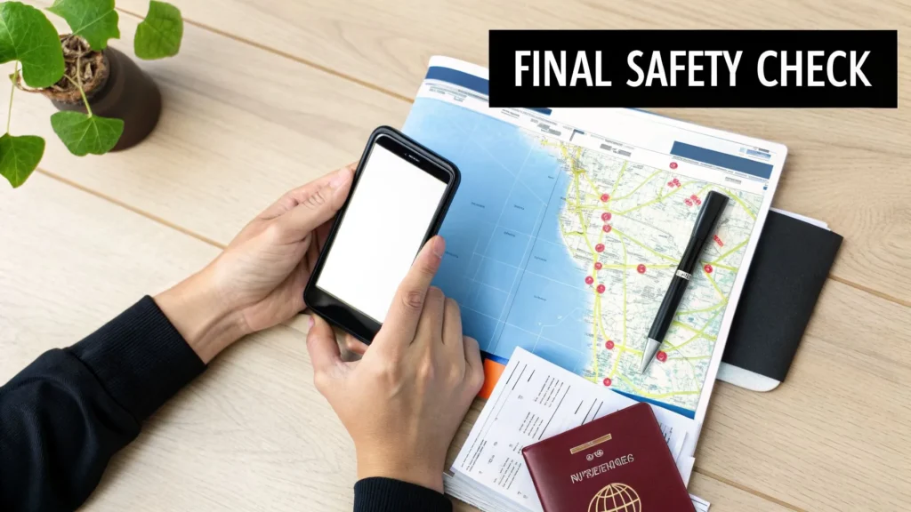 Traveler checking phone over map, passport, and documents on table, text “Final Safety Check.”