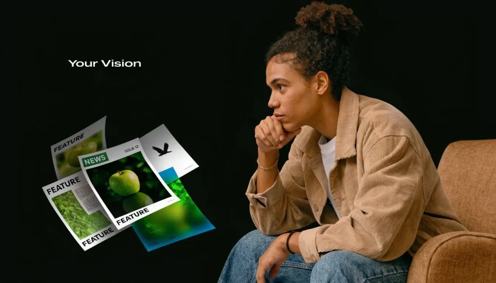 Thoughtful person viewing floating magazine layouts and creative content ideas against black background.