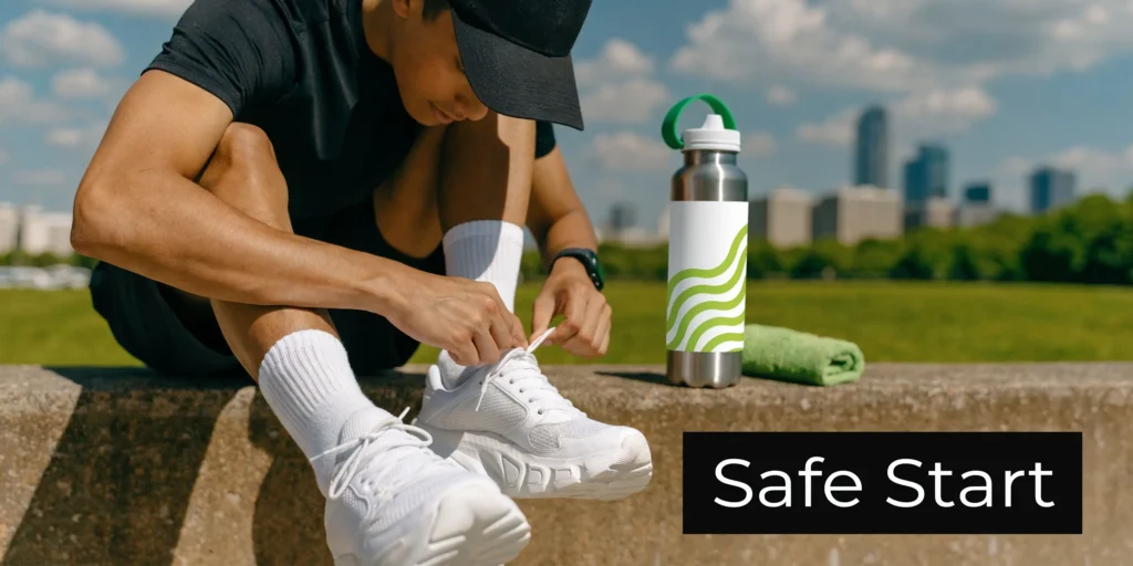 How to Start Strength Training: A Beginner's Guide Runner tying sneakers on a ledge with water bottle and towel, city skyline behind, labeled “Safe Start”