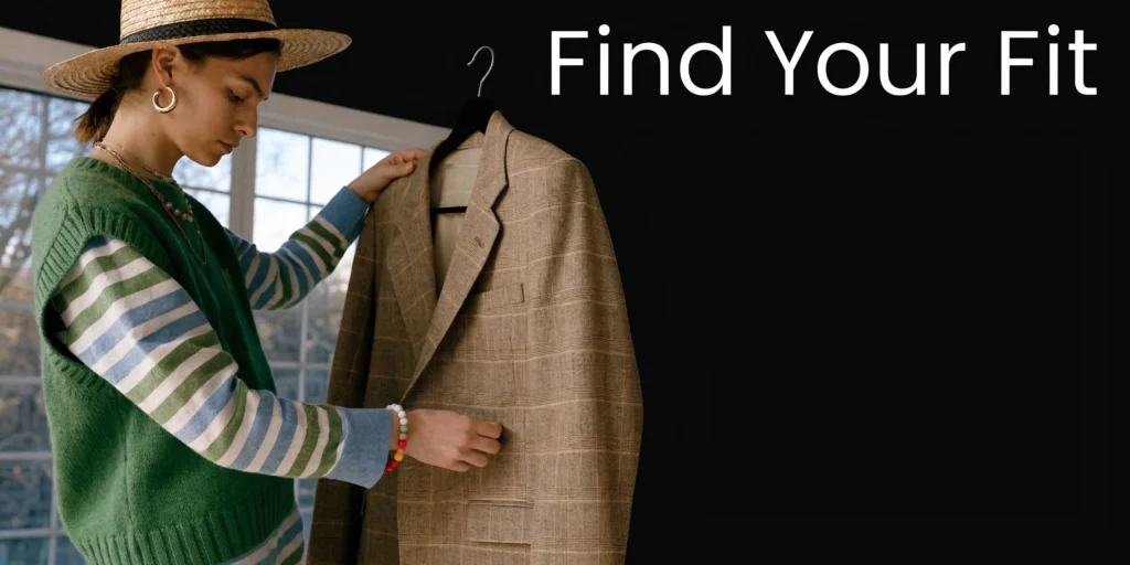 Person holding a brown oversized blazer on a hanger, evaluating fit, with “Find Your Fit” text on a dark background