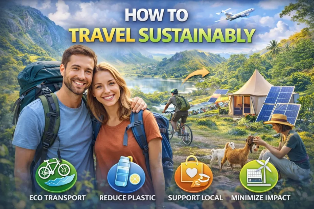 Sustainable travel thumbnail with hikers, eco icons, solar camp, biking, and nature landscape promoting low-impact travel choices.