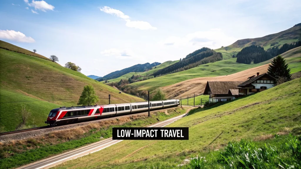 Train traveling through green countryside hills near house, text “Low-Impact Travel” displayed