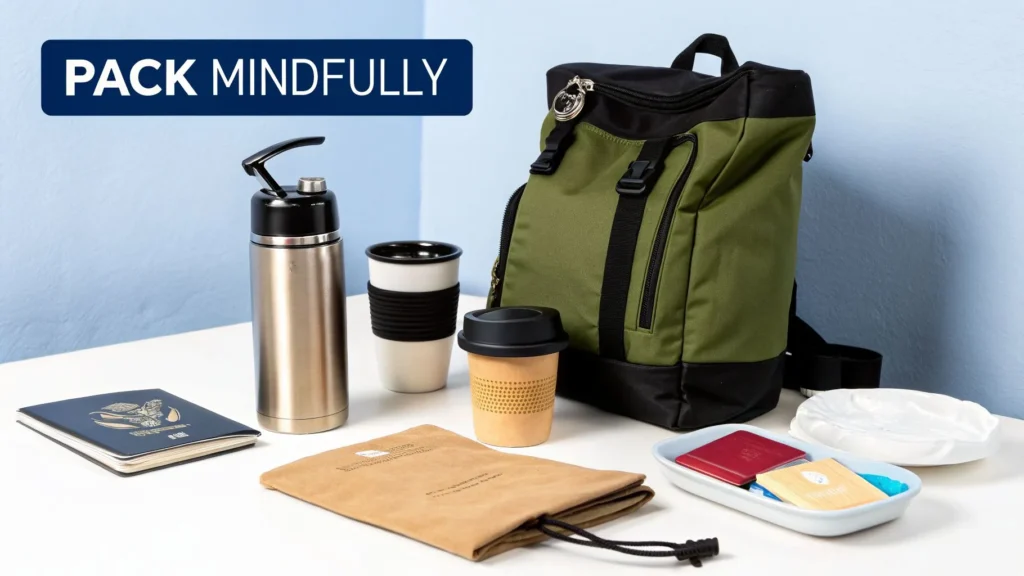 Travel essentials including backpack, reusable bottle, cup, passport and eco items, text “Pack Mindfully” displayed