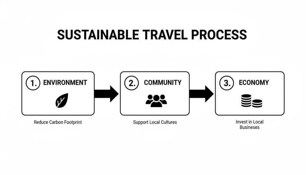 Sustainable travel diagram showing environment, community, and economy steps with benefits like reducing footprint and supporting locals
