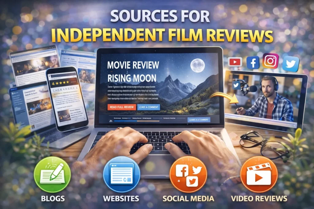 Independent film reviews thumbnail with laptop, movie rating page, social media icons, blogs, websites, and video review sources.