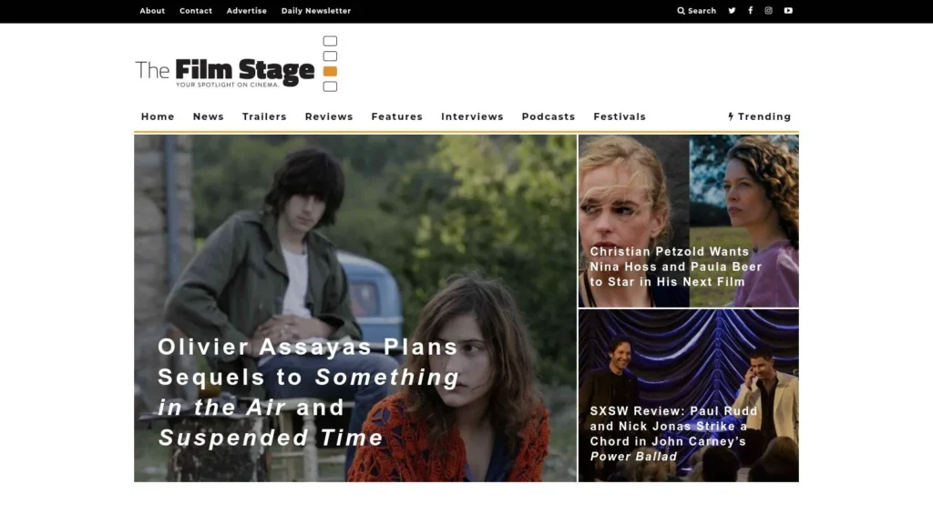 7 Top Sources for Independent Film Reviews in 2026 The Film Stage homepage with featured film articles, headlines, and trending cinema news thumbnails