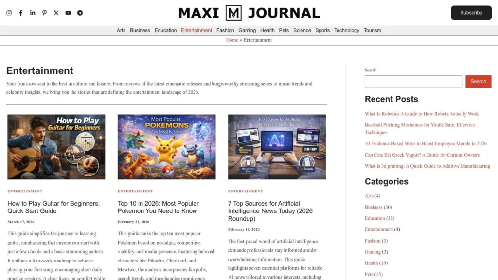 7 Top Sources for Independent Film Reviews in 2026 Entertainment blog page with article thumbnails, recent posts sidebar, and “Maxi Journal” header navigation