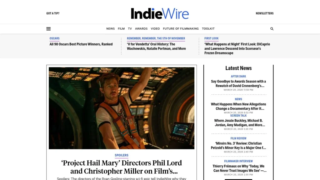 7 Top Sources for Independent Film Reviews in 2026 IndieWire website homepage with film news headlines, featured movie image, and latest news sidebar