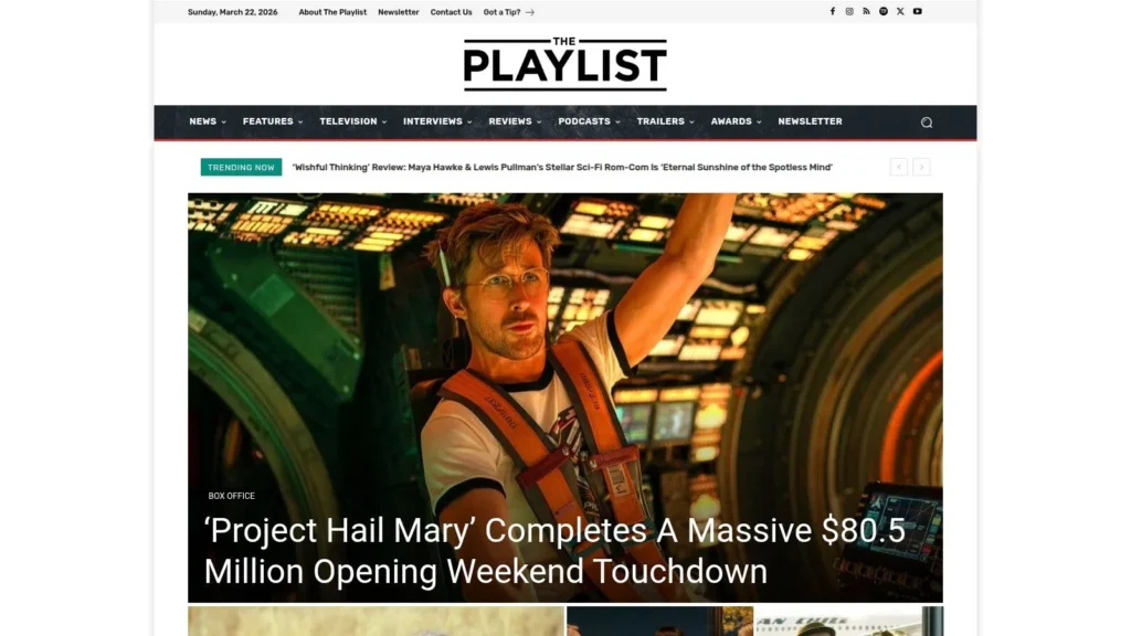 7 Top Sources for Independent Film Reviews in 2026 The Playlist homepage showing featured sci-fi film article “Project Hail Mary” with actor in spacecraft cockpit