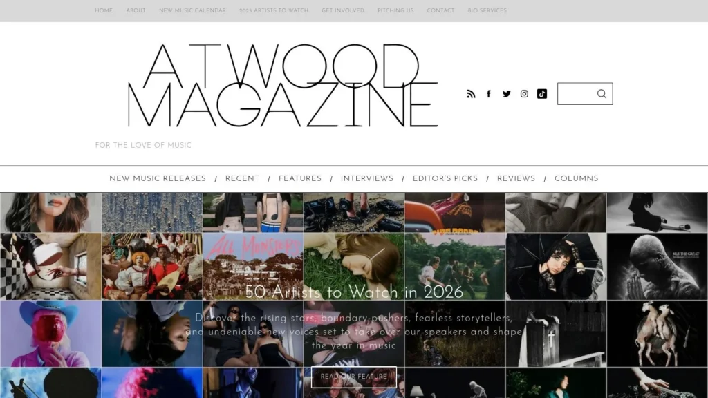 Atwood Magazine homepage with music collage banner and “50 Artists to Watch in 2026” feature headline