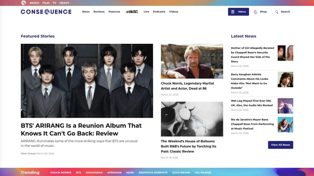Consequence website homepage with BTS album review, featured stories, and latest music news sidebar