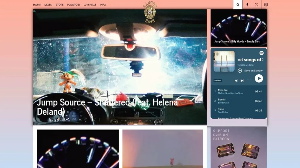 Gorilla vs. Bear music blog homepage with car interior banner and featured track “Jump Source – Shattered”