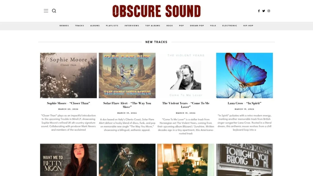 Obscure Sound music blog showing new tracks with album covers and artist listings in a grid layout