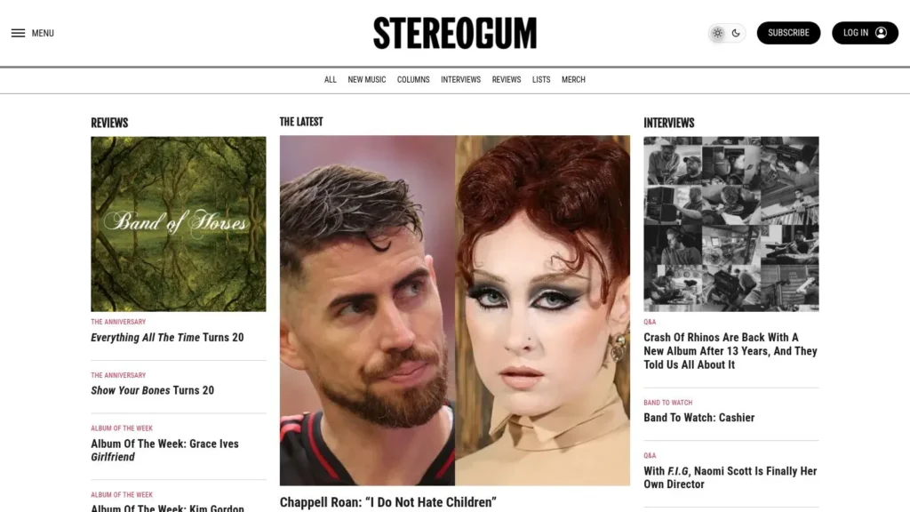 Stereogum homepage with music reviews, artist interviews, and featured post with two musicians’ portraits