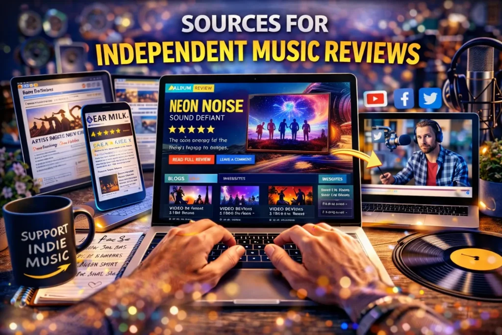 Independent music reviews thumbnail with laptop, album review screen, social media icons, blogs, and video review sources.