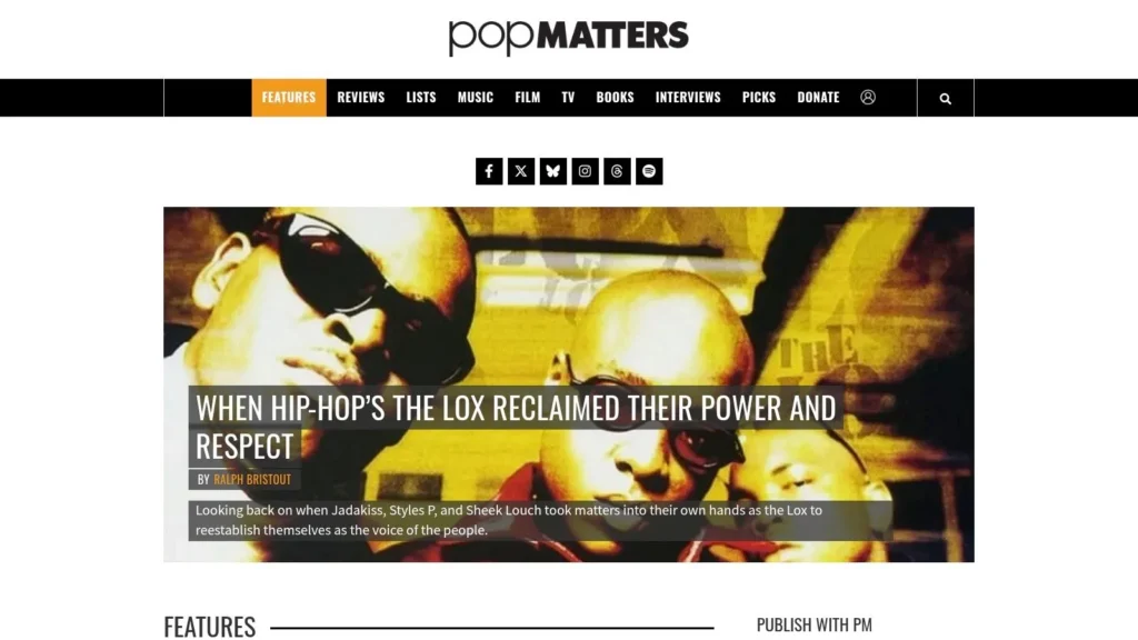 PopMatters homepage featuring hip-hop article on The LOX with bold header image and navigation menu