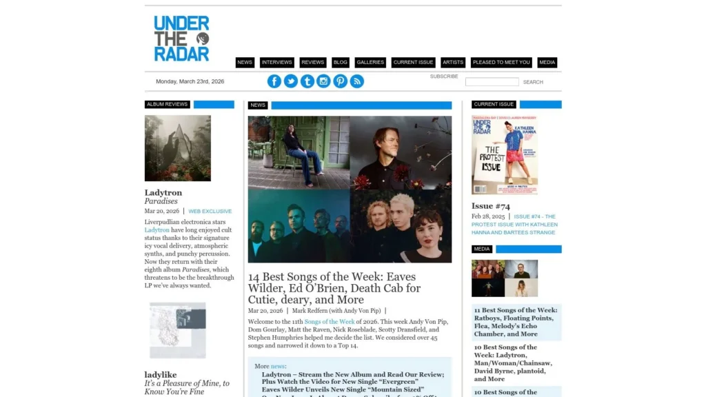 Under the Radar music site showing album reviews, news grid, and “Best Songs of the Week” feature list