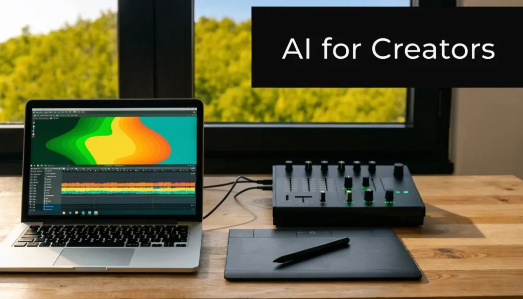Creative workspace with laptop, audio mixer, and drawing tablet promoting AI tools for creators.