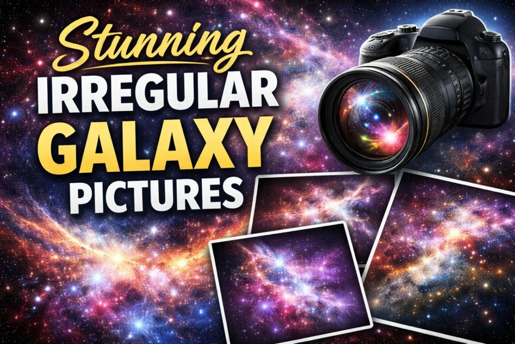 Colorful irregular galaxies with bright stars and nebulae, a DSLR camera, and bold title text highlighting stunning space images.
