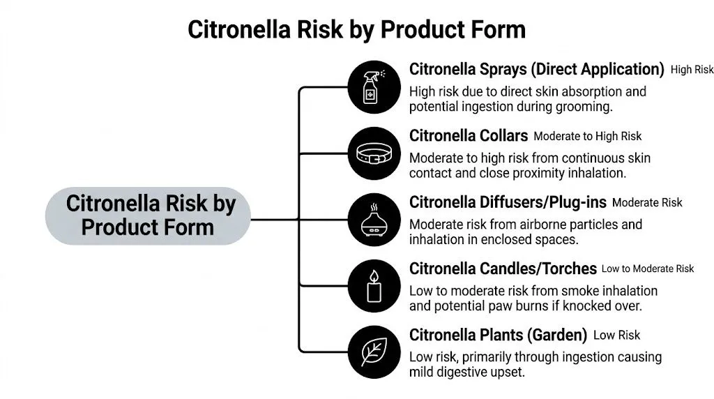 Chart showing citronella risk levels for dogs by product type, including sprays, collars, candles, and plants.