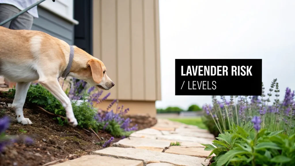 Is Lavender Toxic to Dogs? A Guide for Pet Owners Dog sniffing lavender plants along a garden path, with text “Lavender Risk Levels,” illustrating potential safety concerns.