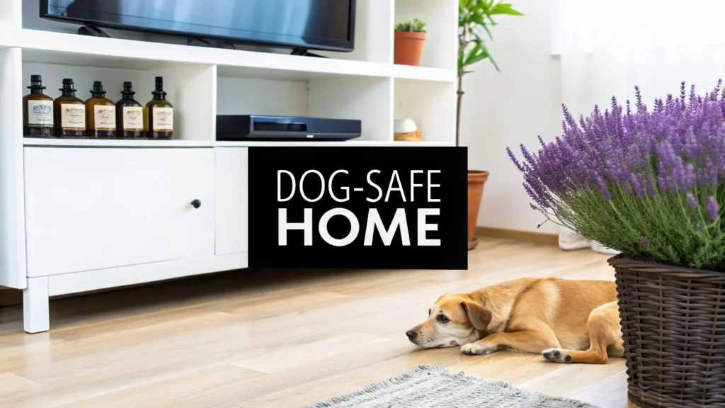 Is Lavender Toxic to Dogs? A Guide for Pet Owners Dog resting on floor near lavender plant in living room, with text “Dog-Safe Home,” illustrating pet-safe environment.