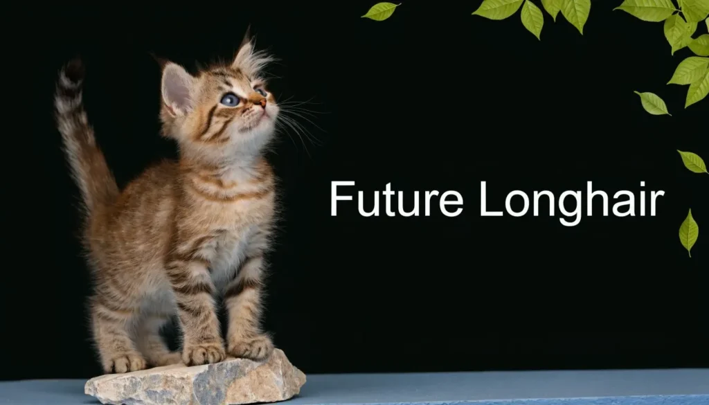 Long Haired Kitten Care: An Essential Guide Tabby kitten standing on a rock with text reading Future Longhair against a black background.
